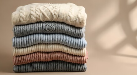 Stack of Knitted Sweaters in Neutral Colors for Winter Warmth and Fashion