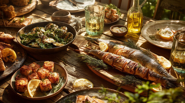 St&oacute;ł zastawiony r&oacute;żnorodnymi potrawami rybnymi, elegancka aranżacja w neutralnym stylu, r&oacute;żne dania z ryb z dodatkami i ziołami, naturalne światło, realistyczna fotografia kulinarna