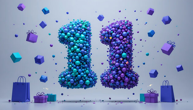 A vibrant 3d illustration of the number eleven formed from colorful small spheres surrounded by floating geometric shapes and gift bags symbolizing celebration and commerce
