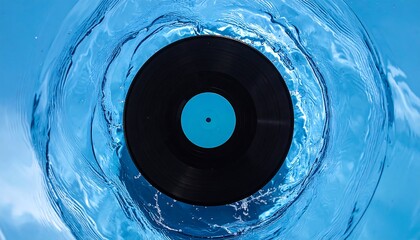 Water surrounds a black vinyl record with a turquoise center