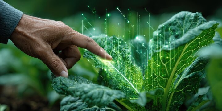 Farmer's hand touches a vibrant green leafy plant, highlighted by digital data
