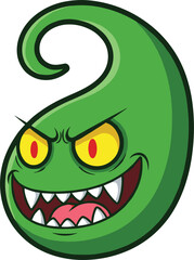 Cartoon green monster character, evil face, scary teeth, glowing eyes, villain mascot, fantasy creature, digital art, vector illustration design
