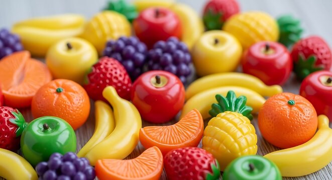 Colorful array of assorted plastic fruits, bright and cheerful display