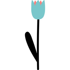 Simple light blue tulip with a black stem and leaf on a white background stylized illustration