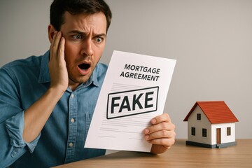 Mortgage fraud. A man shocked by a fake mortgage agreement next to a small house model.