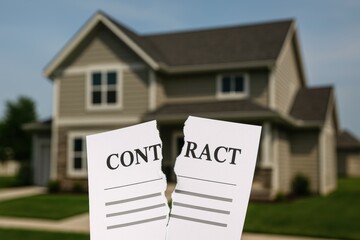 Mortgage fraud. A torn contract in front of a suburban house signifies a breaking agreement.