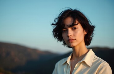 Portrait of a non binary person. The photo features a person with short dark hair looking directly at camera. Soft light from sunset illuminates the subject. A serene image conveys confidence.