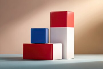 Three geometric blocks in varying sizes and colors against a soft, muted background