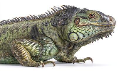 Obraz premium Close up of a green iguana with detailed scales and a white background showing detail