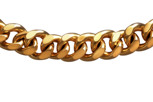 Close up view of a shiny gold chain isolated on a light background showcasing its smooth links and reflective surface, emphasizing intricate details and craftsmanship