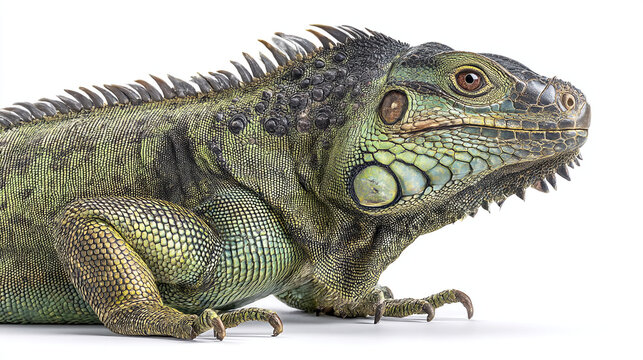 Close up of a green iguana with detailed scales and a white background showing detail