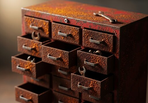 Vintage rust covered toolbox with open drawers holding various wrenches