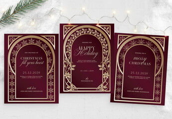 Christmas Flyer, Invite & Poster Template in Burgundy Red & Gold Luxury, with Elegant & Ornate Xmas Borders