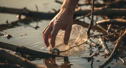 Environmental protection a person's hand collecting a plastic bottle from polluted water, emphasizing pollution and clean-up efforts