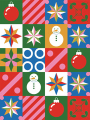 Vector grid design showcasing christmas geometric abstract pattern, with holiday ornaments and circles.