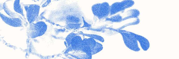 Blue cyanotype orchid botanical background. Stipple dot overlay texture with flower and twig silhouette. Delicate indigo blue nature banner for template and graphic design project. © gorozhinak