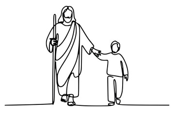 Jesus Showing The Way Continuous Line Art, Christ Guiding Child | Christian Discipleship and Faith Vector