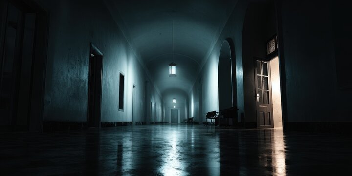 Dark, eerie hospital corridor with glowing open door at the end