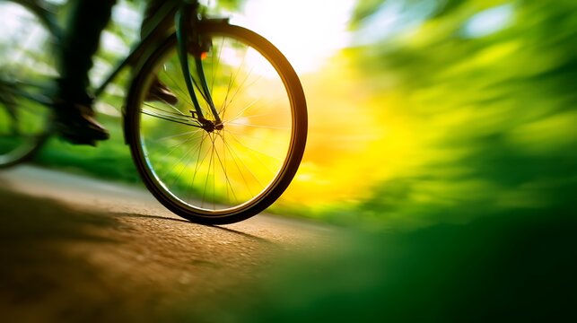 Conceptual light play, human shadow intricately integrated into the circular blur of a bike's front wheel, energy
