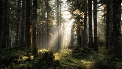 Obraz premium Sunlight streams through a dense forest