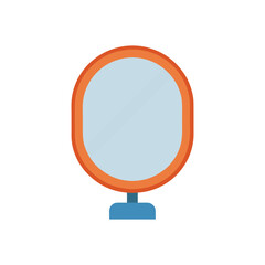 Obraz premium Simple oval mirror with orange frame and blue base on black background