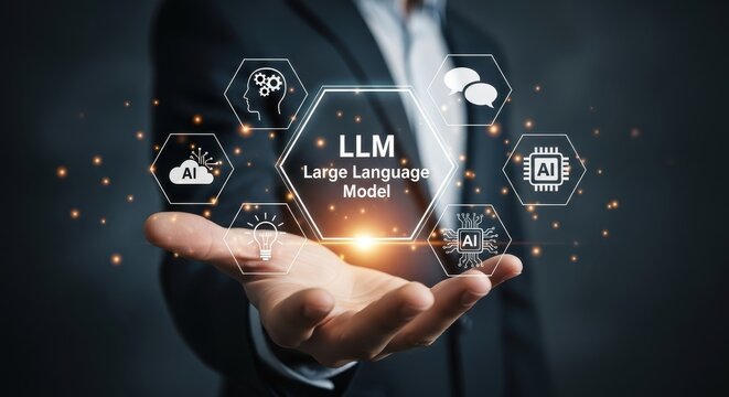Professional holding a glowing hologram of artificial intelligence icons for business process automation and data analysis