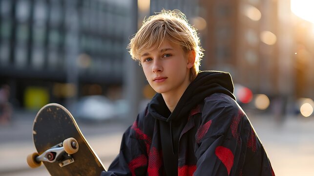 Youth culture and sport, a smiling boy sitting with his skateboard on a sunny day at a skatepark