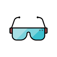 Modern flat design icon of blue safety goggles with red accents on black background