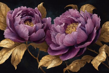 Close-up of two deep purple peonies with gold foliage on a dark background