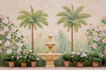 Obraz premium Stone fountain in a peaceful, classic garden with flowers