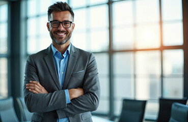 Obraz premium Man with glasses smiles with arms crossed in modern office. Confident businessman stands in bright conference room. Pro wears suit, looking at camera. Leader indoors.