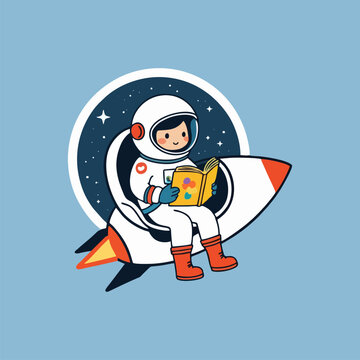 An adorable scene featuring a cheerful astronaut in a bright spacesuit, lounging on a rocket, as they read a fantastical storybook filled with illustrations of space adventures, while tiny aliens gath