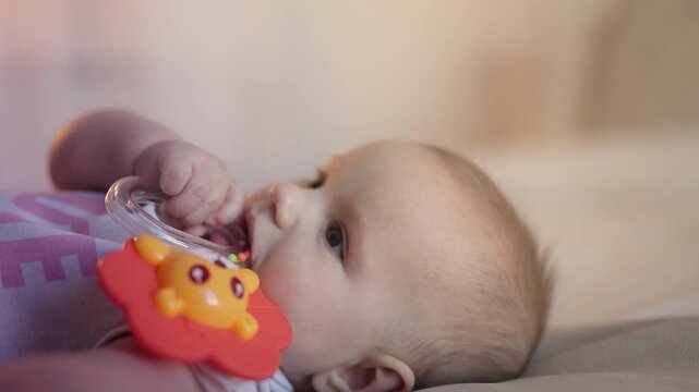 Lovely newborn girl chewing bright teether toy, developing early motor skills