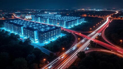 Dynamic data center footage overlooking highway at night, light trails visualize data and traffic flow, modern technology, high altitude 4k time lapse video - Powered by Adobe