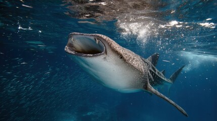 Fototapeta premium A whale shark swims with its mouth open in clear water, surrounded by small fish. A spectacular feeding scene in its natural habitat.