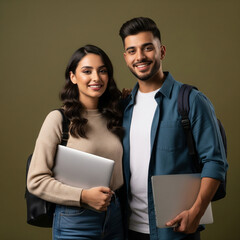 A confident young Middle Eastern student couple standing happily