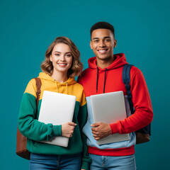 Young American male and female student couple standing confidently