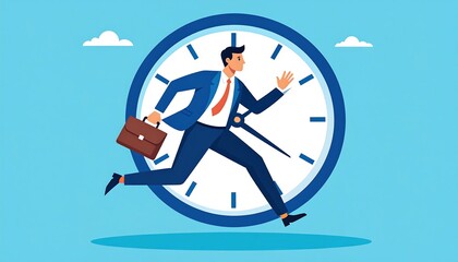 Illustration depicting a businessman running inside a clock, holding a briefcase, emphasizing urgency and the passage of time. Light blue background with white clouds