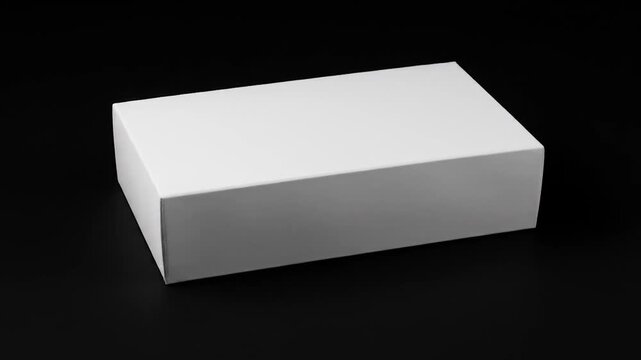 A bright white rectangular box sits on a stark black background. It is evenly lit, casting a subtle shadow, emphasizing the shape