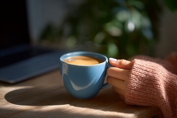 Person holding a warm cup of coffee during their morning routine
