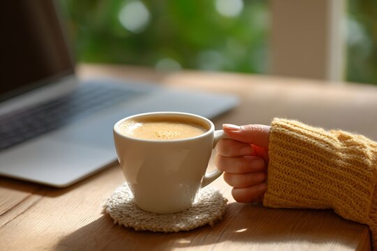 Person holding a warm cup of coffee during their morning routine - Powered by Adobe