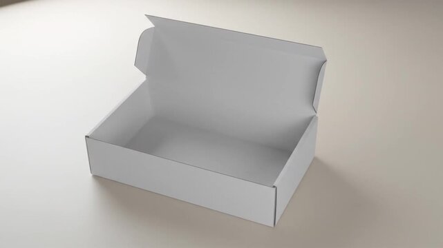 A pristine, open, white cardboard box with its top flap raised, sitting on a neutral, soft beige surface. The shadows are soft