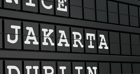 Fototapeta premium Jakarta, Indonesia, travel destination, airport departure board. Tourism, booking, vacation, travel, holiday, journey. 3D illustration