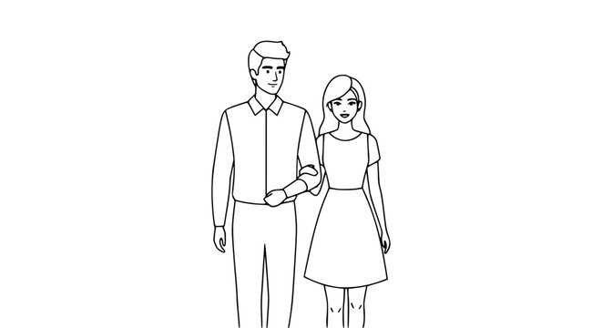 Vector of a romantic couple walking side by side, simple outline style, isolated on white