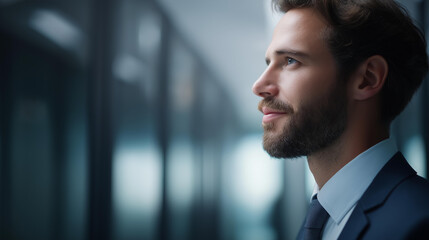 Businessman in glowing 3D server room with defocused racks, faceless tech leadership, corporate visualization detail, blurred data center, IT governance concept, cloud infrastructu