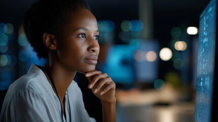 Black woman IT engineer working in dark server room defocused, faceless tech professional, network visualization detail, blurred data center, cybersecurity work concept, analytics