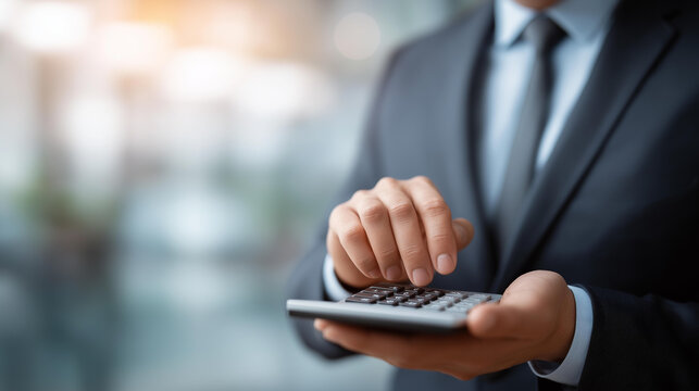 Businessman with calculator analyzing finance dashboard defocused, faceless data analysis, virtual visualization detail, blurred screen background, sales data concept, economic gro