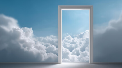 Doorway opening to cloudy sky with defocused heavens, faceless gateway concept, cloud visualization detail, blurred celestial background, opportunity metaphor, freedom interface, t