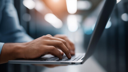Hands holding laptop with server technician in data center defocused, faceless IT collaboration, cloud visualization detail, blurred rack servers background, network technology con