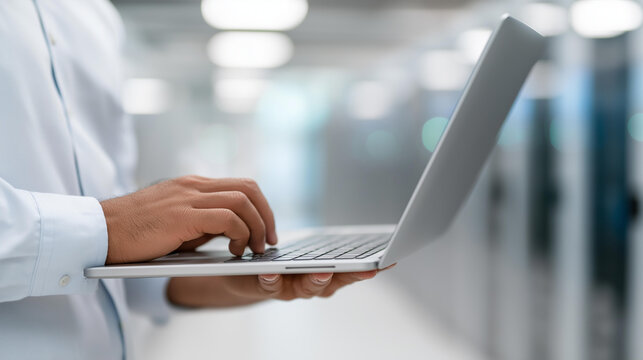 Hands holding laptop with server technician in data center defocused, faceless IT collaboration, cloud visualization detail, blurred rack servers background, network technology con
